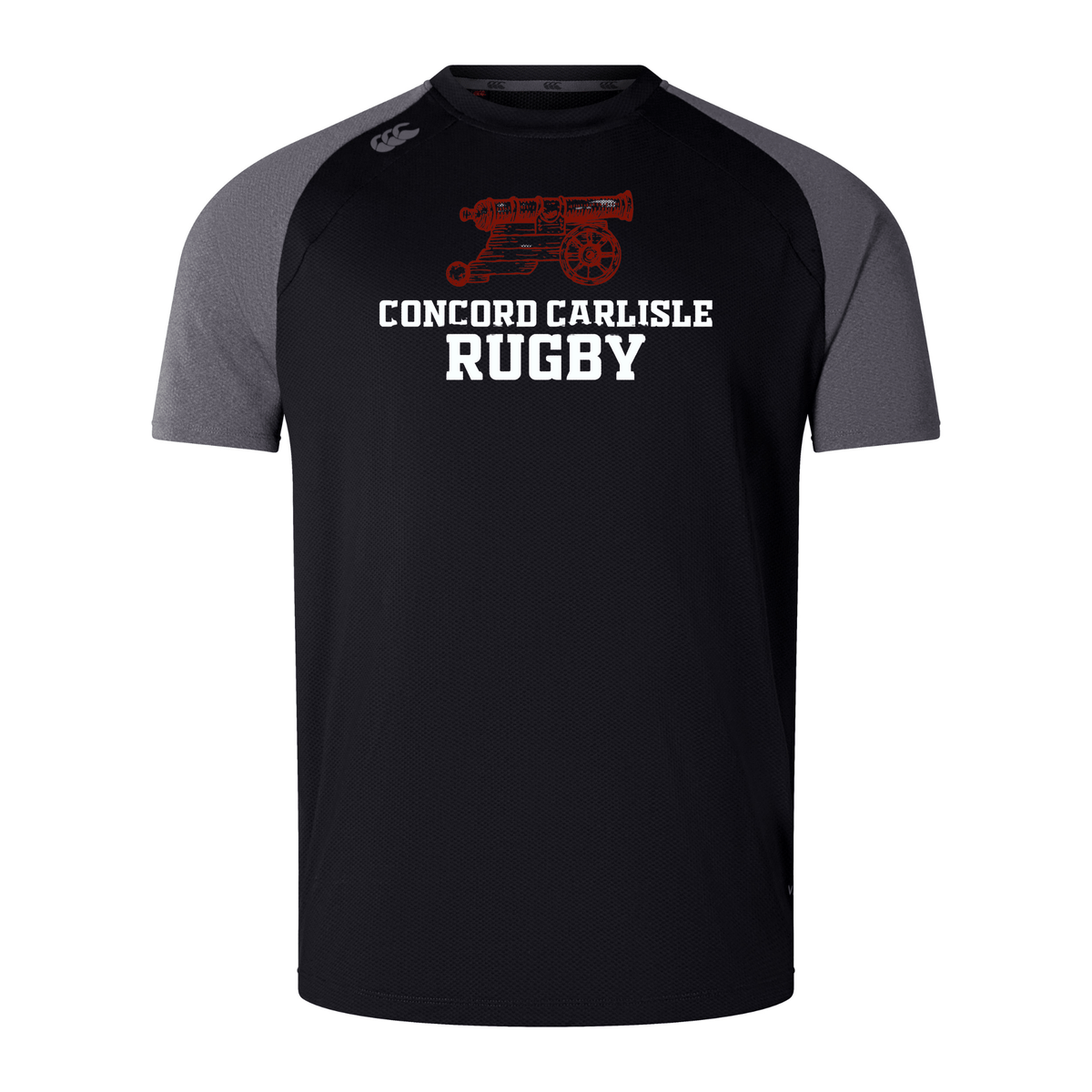 Black and gray bi-color rugby jersey with "Concord Carlisle Rugby Elite Training Tee by WRS Canterbury" text and a red tractor graphic on the front.