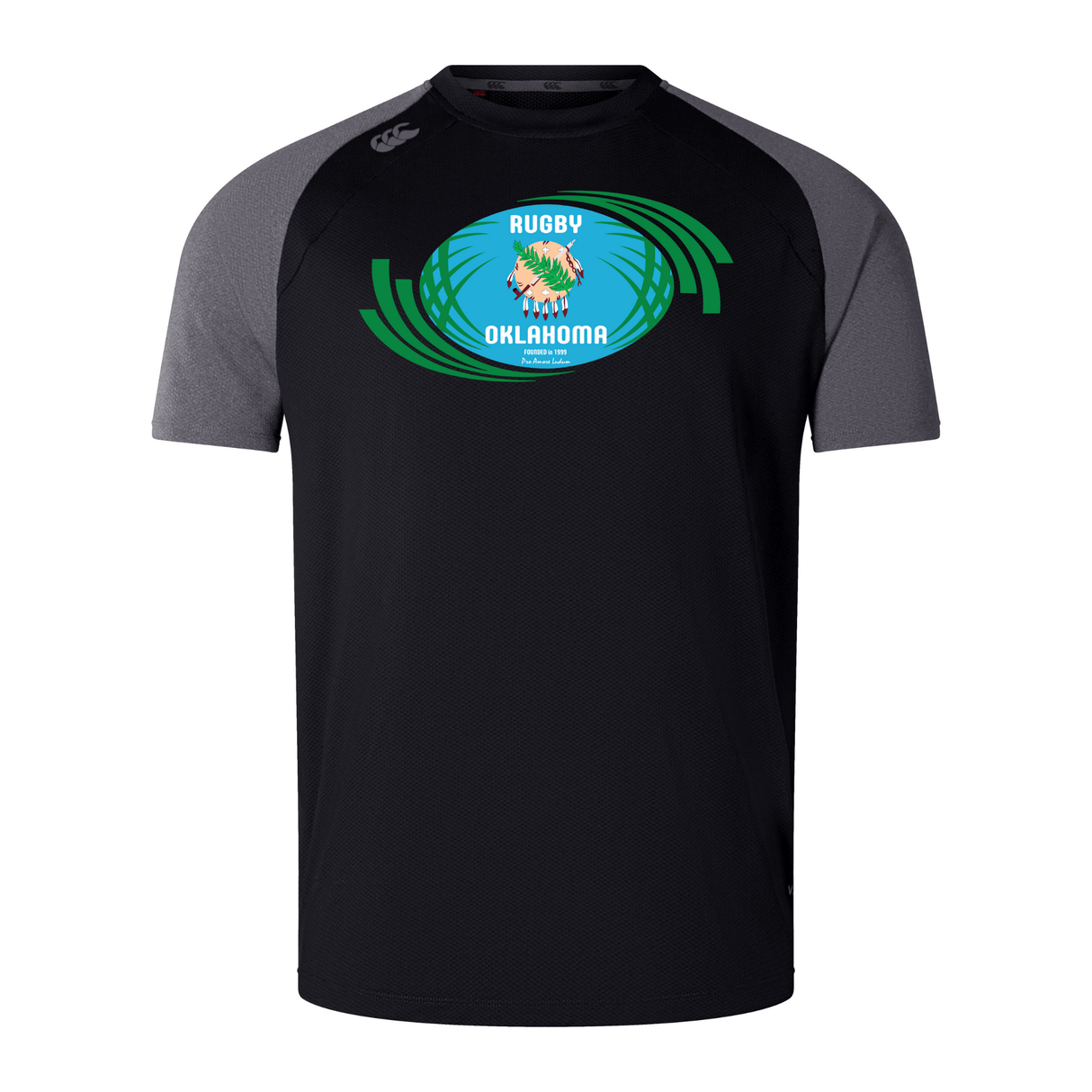 Black and gray WRS Canterbury Rugby Oklahoma Elite Training Tee with a green and blue logo reading "rugby 4 youth oklahoma" on the chest.