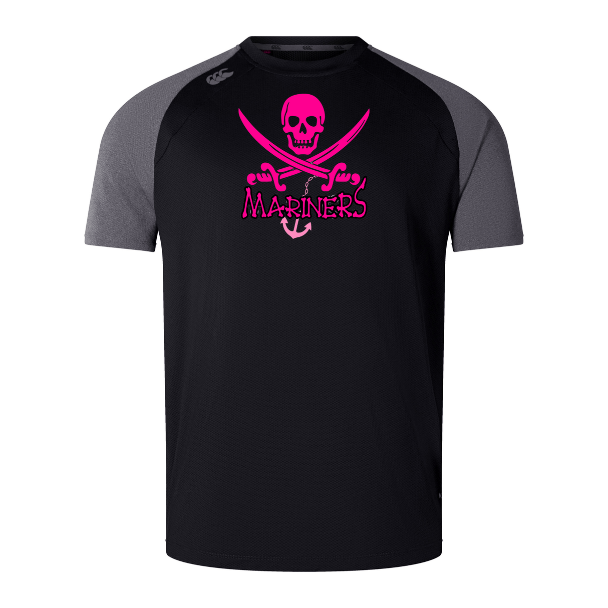 Black and gray SUNY Maritime Elite Training Tee by WRS Canterbury sports t-shirt with a pink skull and crossed swords logo and the word "mariners" on the front.