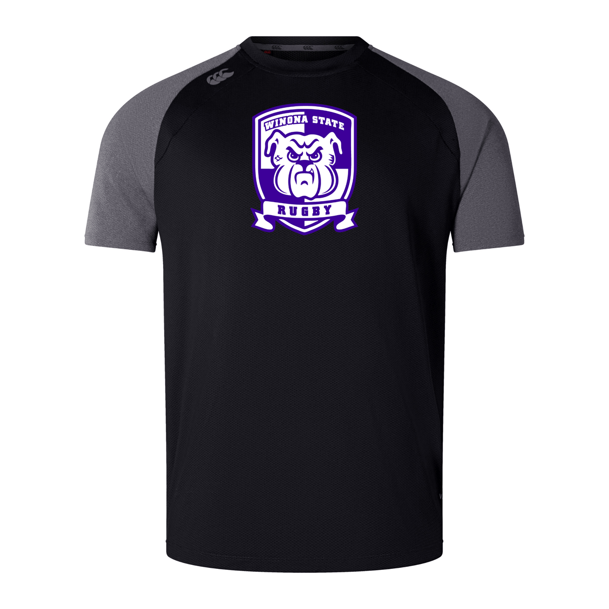 Black short-sleeve athletic shirt with dark gray shoulders, featuring a rugby team logo with the image of a bulldog under "Virginia State Rugby" text on the front. Crafted from lightweight and durable Vapodri fabrics, this WRS Canterbury Winona State University Elite Training Tee by Canterbury ensures optimal performance and comfort.