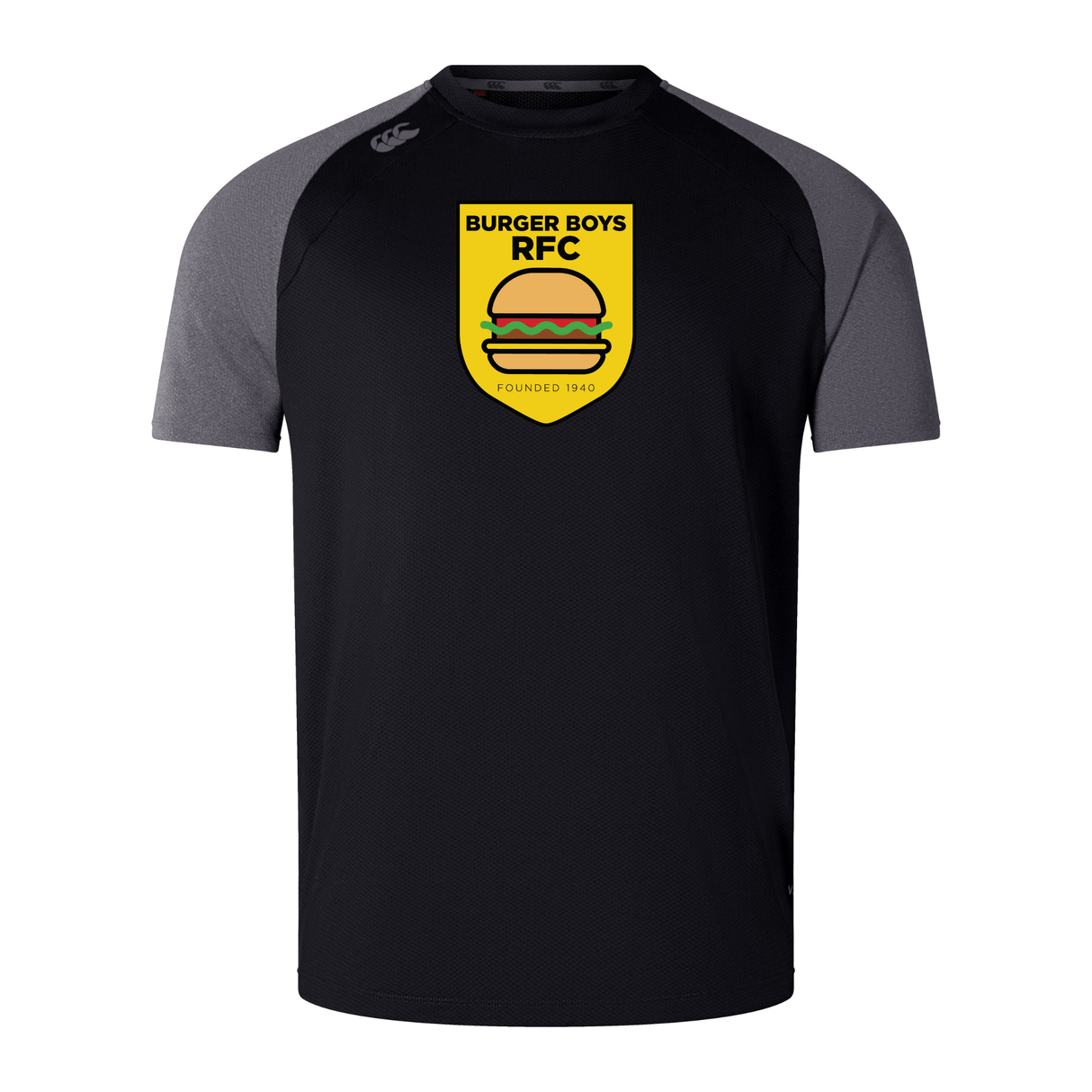 Black and gray WRS Canterbury Burger Boys RFC Elite Training Tee with the logo "Burger Boys RFC" and a burger image, labeled "Founded 1960".