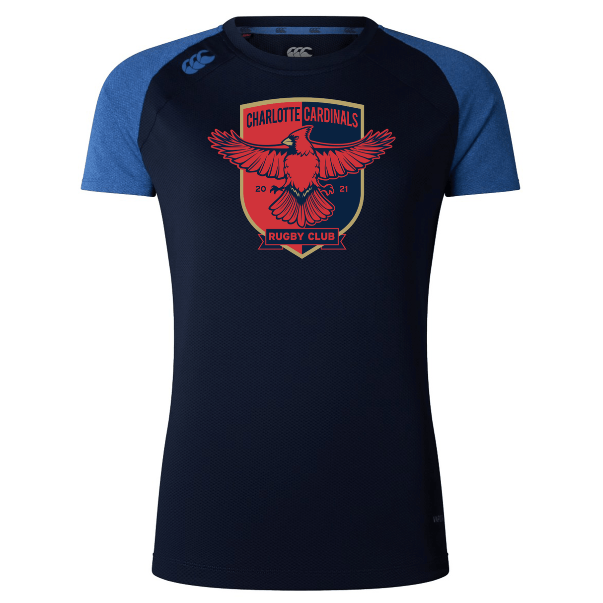 A dark blue Charlotte Cardinals Rugby Club Women's Elite Training Tee by WRS Canterbury, featuring an eagle graphic and "2021" text, made from lightweight fabric.