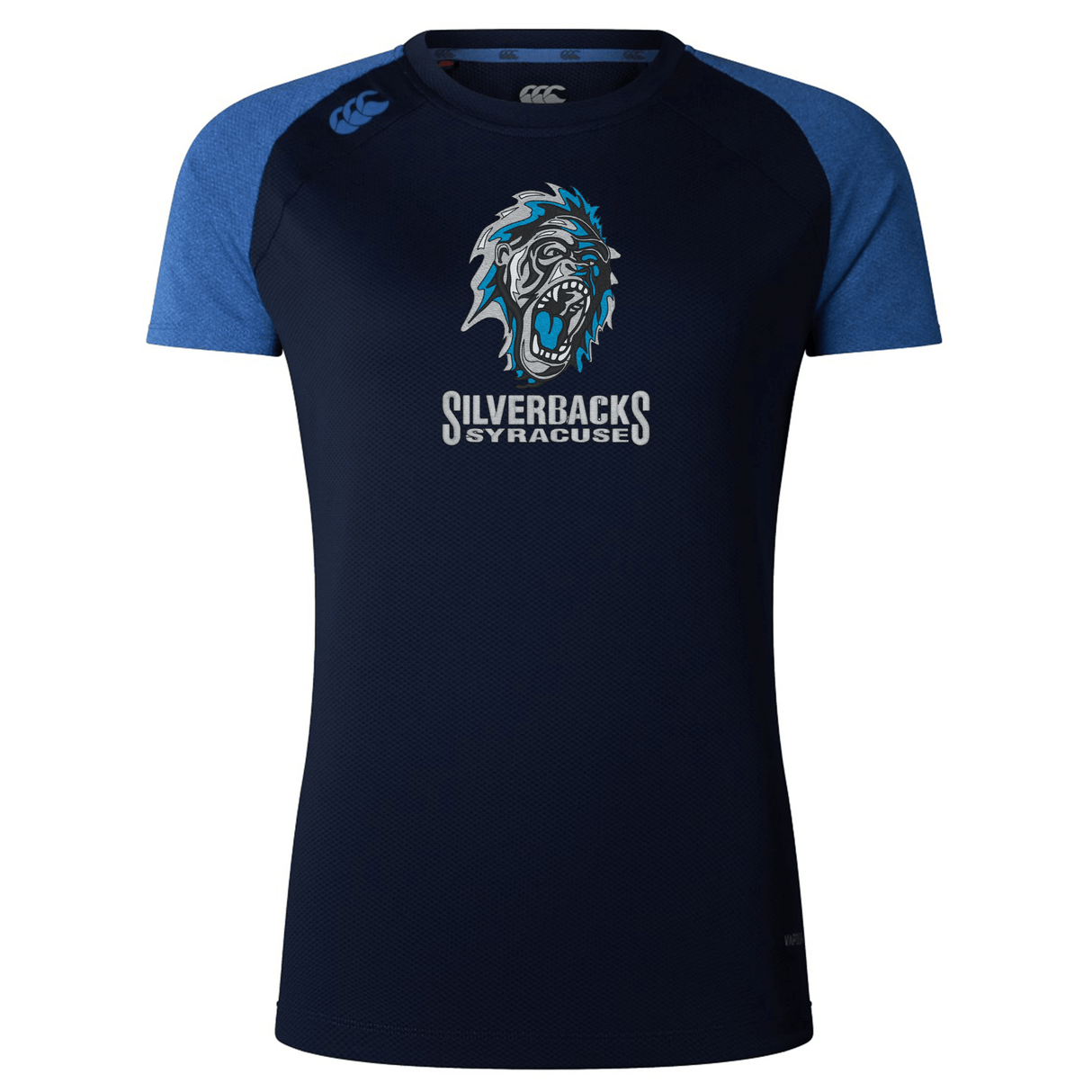 Navy blue and blue short-sleeved Syracuse Silverbacks Women's Elite Training Tee by Canterbury crafted from lightweight recycled polyester, featuring "Silverbacks Syracuse" text and a graphic of a roaring gorilla on the front.