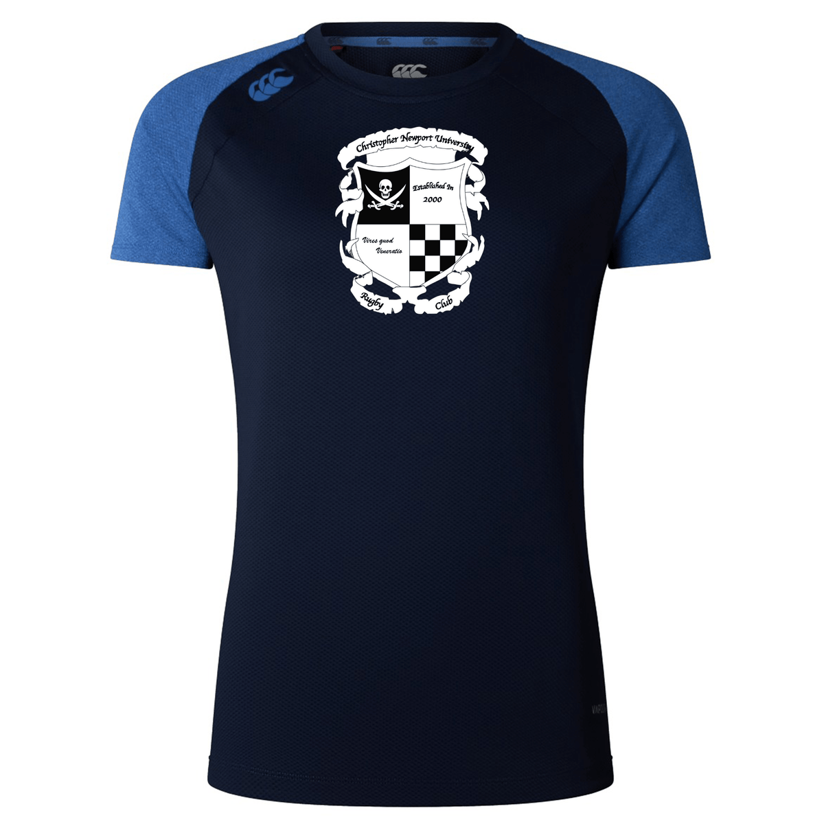 Navy blue WRS Canterbury Rugby Football Club at Christopher Newport University Women's Elite Training Tee with raglan sleeves and a chess-themed graphic featuring a knight and chessboard on the chest.