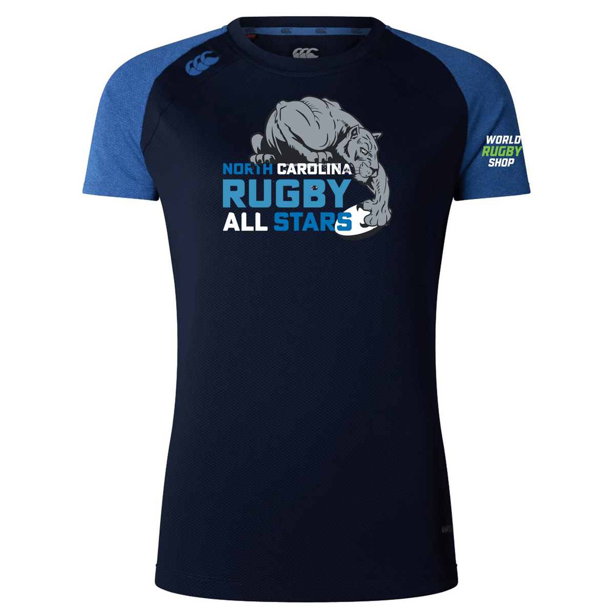 A navy blue and blue short-sleeved rugby shirt with "North Carolina Rugby All Stars" text and a panther graphic on the front, and "World Rugby Shop" text on the sleeve. This NC All Stars Women's Elite Training Tee by Canterbury features lightweight fabric enhanced with Vapodri technology for optimal performance.