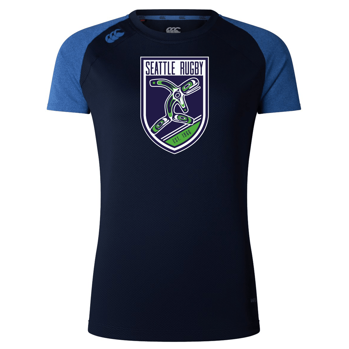 Navy blue Seattle Rugby Club Women's Elite Training Tee made from recycled polyester jacquard fabric, with a team logo featuring a stylized green octopus and blue accents on the shoulders by WRS Canterbury.