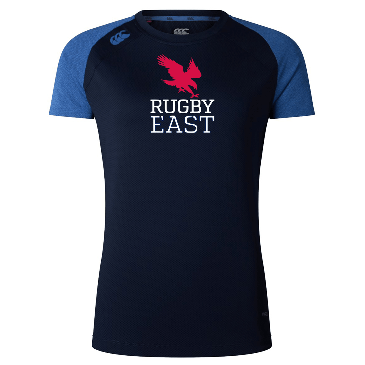 A Rugby East Conference Women's Elite Training Tee by WRS Canterbury, featuring a red eagle graphic and the text "RUGBY EAST" on the front, with navy blue sleeves, made from lightweight recycled polyester.