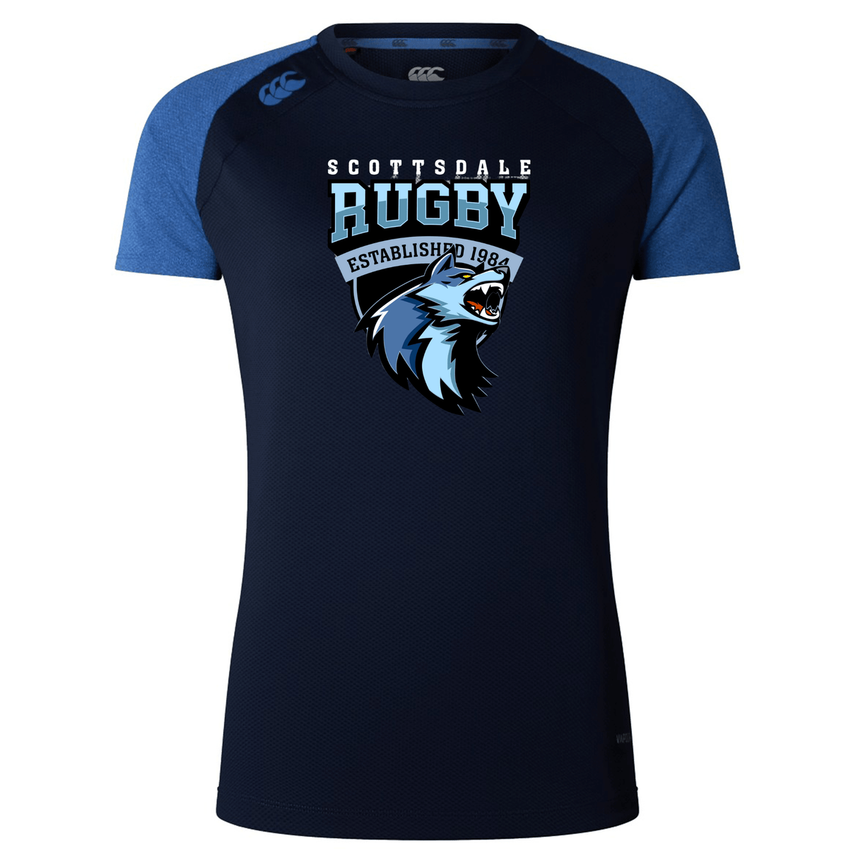 Navy blue Scottsdale Rugby Women's Elite Training Tee with "Scottsdale Rugby" and a white and blue lion logo, labeled with "established 1984".