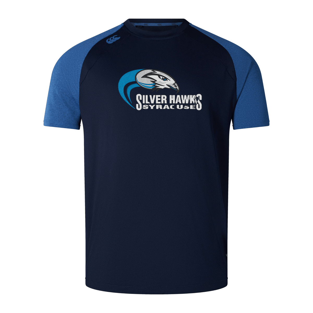 A navy and blue bi-color tee featuring the "Silver Hawks 2023 Syracuse" logo with a hawk graphic on the front, inspired by the **Syracuse Silver Hawks Elite Training Tee by Canterbury** from **WRS Canterbury**.