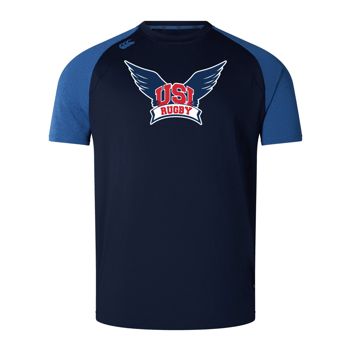 A navy blue rugby shirt with blue sleeves, featuring "USI Rugby" text and a winged logo on the chest. Crafted from lightweight and durable Vapodri fabrics, this University of Southern Indiana Elite Training Tee by WRS Canterbury ensures comfort and performance.