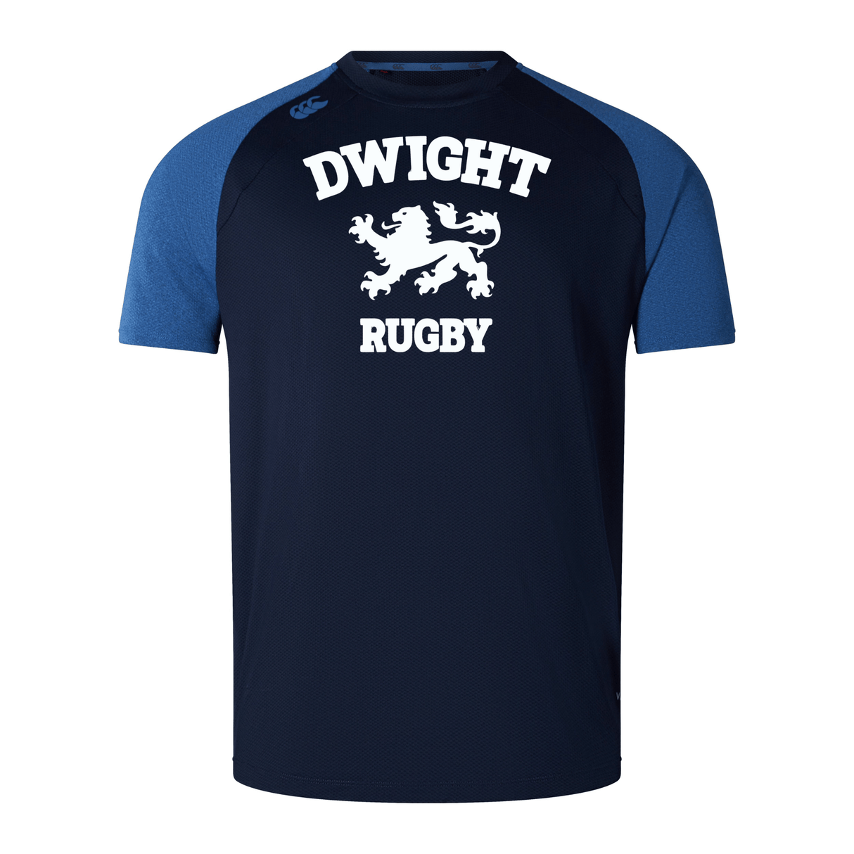 A navy blue rugby shirt with light blue sleeves, made from lightweight and durable Vapodri fabrics, featuring the word "DWIGHT" above a lion graphic and "RUGBY" below it in white has been replaced by the Dwight Rugby White Logo Elite Training Tee by WRS Canterbury.