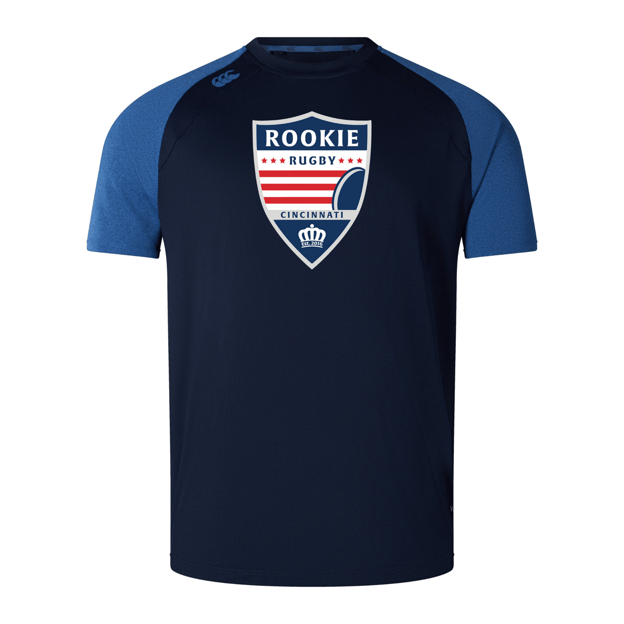 A navy-blue Cincinnati Rookie Rugby Elite Training Tee by Canterbury with blue sleeves, featuring the "Rookie Rugby Cincinnati" logo on the chest. Made from lightweight and durable Vapodri fabrics, it's perfect for both training and casual wear.