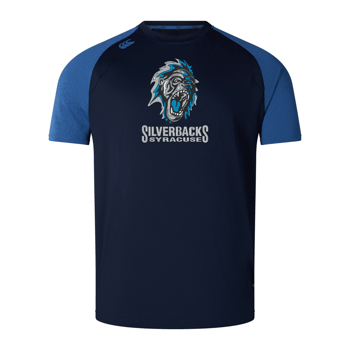 Navy blue sports shirt with blue sleeves, featuring a Silverbacks Syracuse logo with a growling ape and text on the chest. This lightweight and durable Syracuse Silverbacks Elite Training Tee by Canterbury is crafted with Vapodri fabrics for optimal performance by WRS Canterbury.