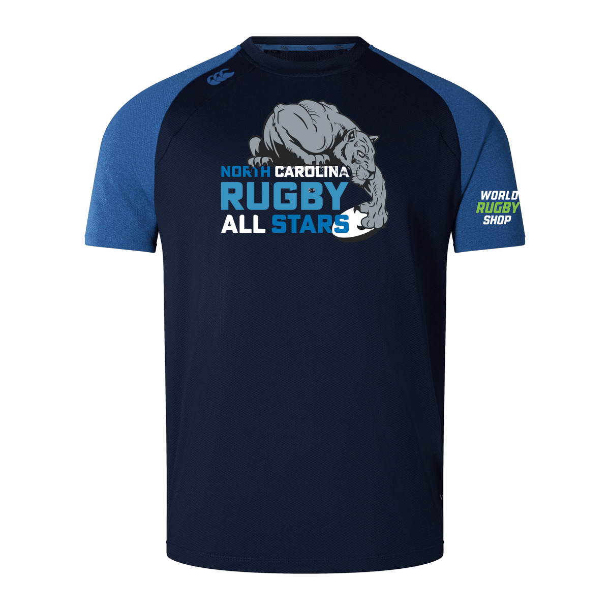Navy blue and blue short-sleeve t-shirt with a lion graphic and the text "North Carolina Rugby All Stars" on the front. Made with Vapodri fabrics, this lightweight and durable NC All Stars Elite Training Tee by Canterbury features the "WRS Canterbury" logo on the left sleeve.