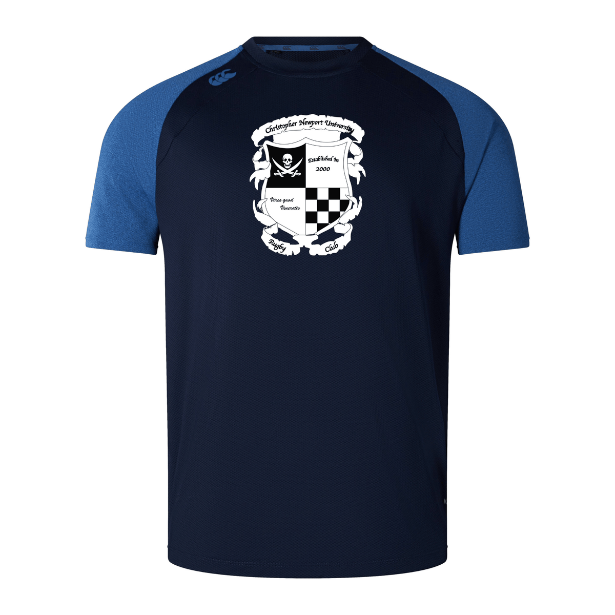Navy blue and blue bi-color Rugby Football Club at Christopher Newport University Elite Training tee with a white and black chess-themed crest on the chest by WRS Canterbury.
