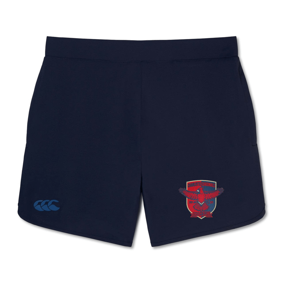 Navy blue gym shorts with a logo on the left leg and a crest featuring a lion on the right leg - Charlotte Cardinals Rugby Club Women's Elite Woven Short by EMB Canterbury.