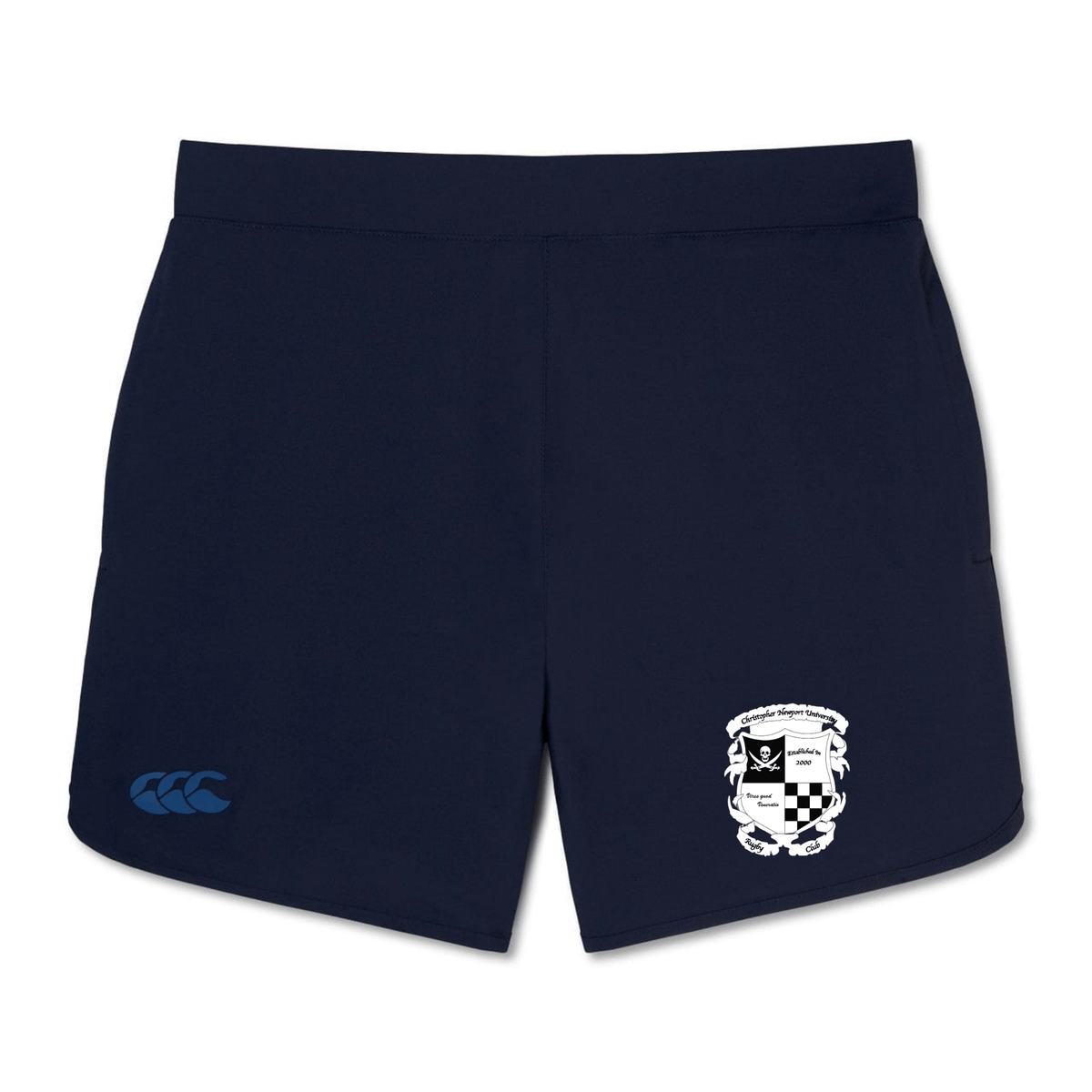 Navy blue training shorts with a crest on the right leg and a logo on the left hem, displayed on a plain white background. - Rugby Football Club at Christopher Newport University Women's Elite Woven Short by EMB Canterbury