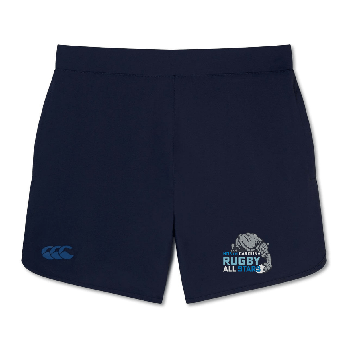 Navy blue athletic training shorts with a logo on the left leg reading "NC All Stars Women's Elite Woven Short by EMB Canterbury" and a stylized rugby ball logo on the right.