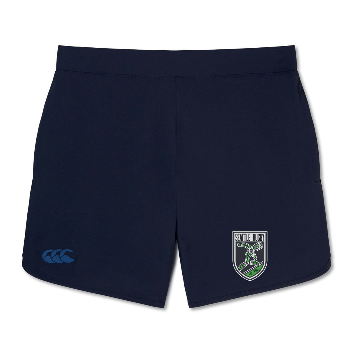 Navy blue athletic shorts with an embroidered logo of Seattle Rugby Club Women's Elite Woven Short by EMB Canterbury on the left leg and a small Canterbury Women's Elite Woven Short logo on the right.