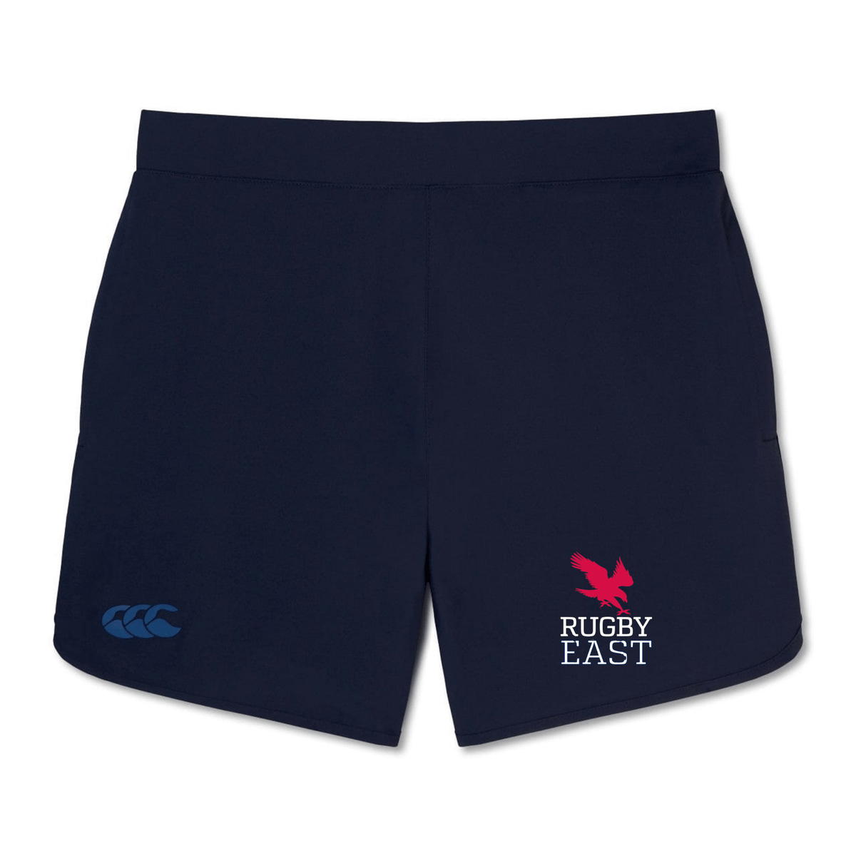 Navy blue Rugby East Conference Women's Elite Woven Short by Canterbury with a red and white "Rugby East" logo featuring an eagle on the right leg, a blue EMB Canterbury logo on the left leg, and convenient zippered pockets, ideal for training sessions.