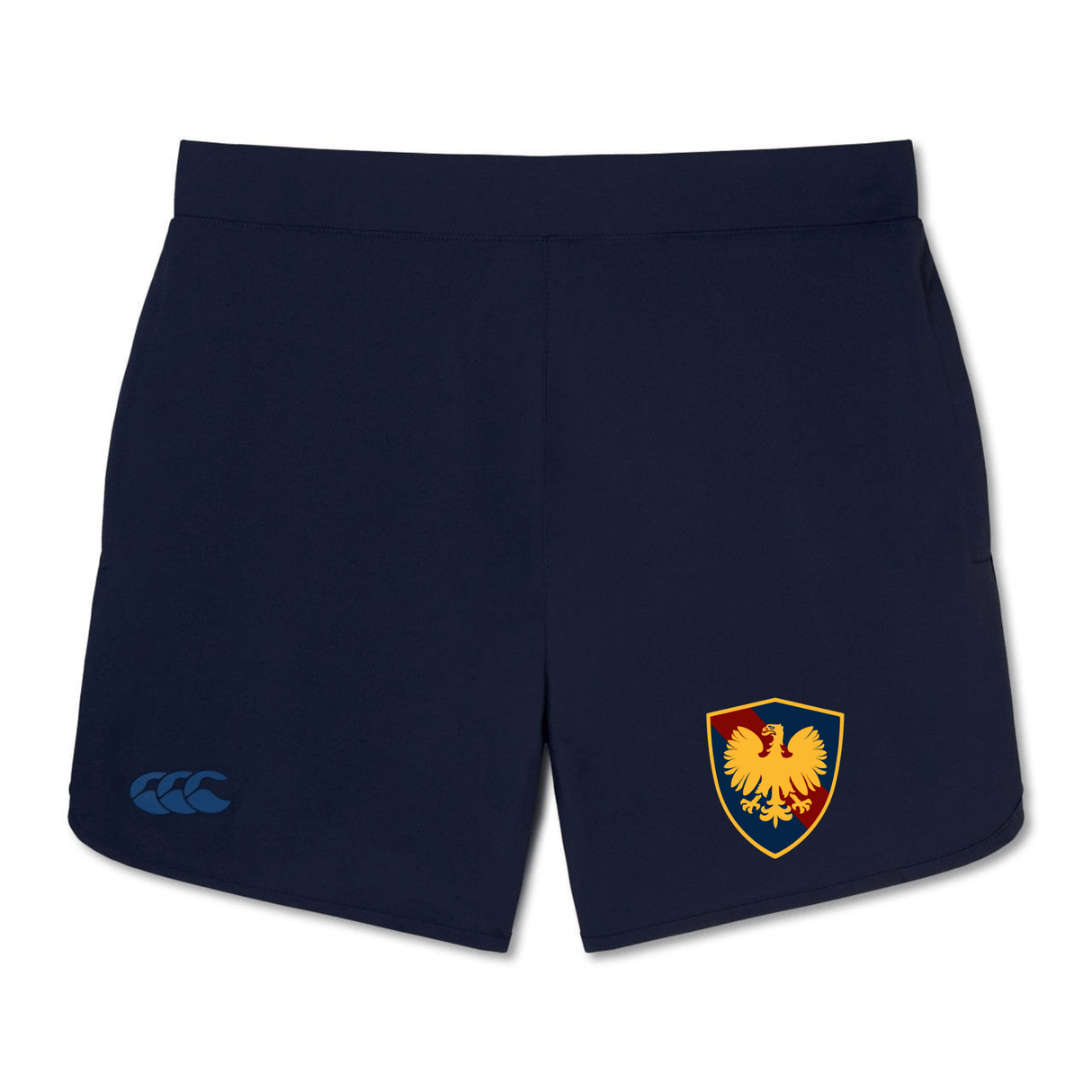 Navy gym shorts featuring an embroidered crest with a golden eagle on the left leg and a logo on the right leg by EMB Canterbury.