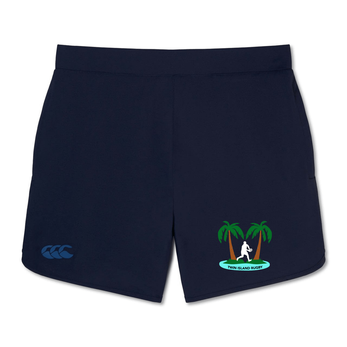 Navy blue Twin Island Rugby Women's Elite Woven Shorts with a small logo on the left leg and a tropical island graphic on the right leg by EMB Canterbury.