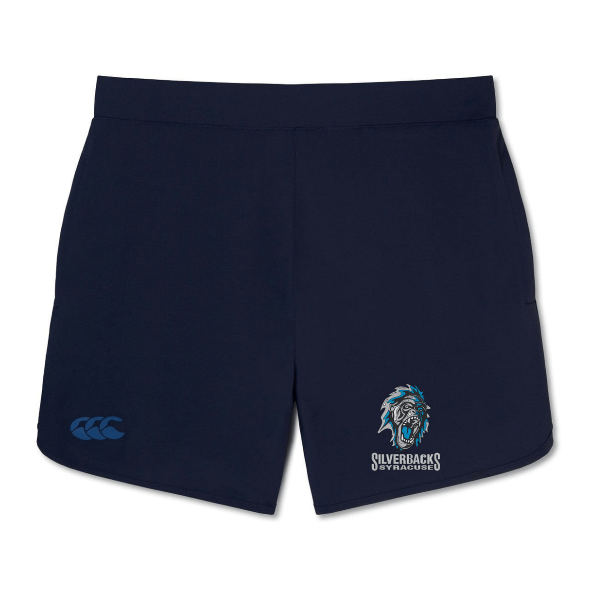 Navy blue Syracuse Silverbacks Women's Elite Woven Short by Canterbury featuring an EMB Canterbury logo and a lion graphic on the right leg, perfect for your training regimen.