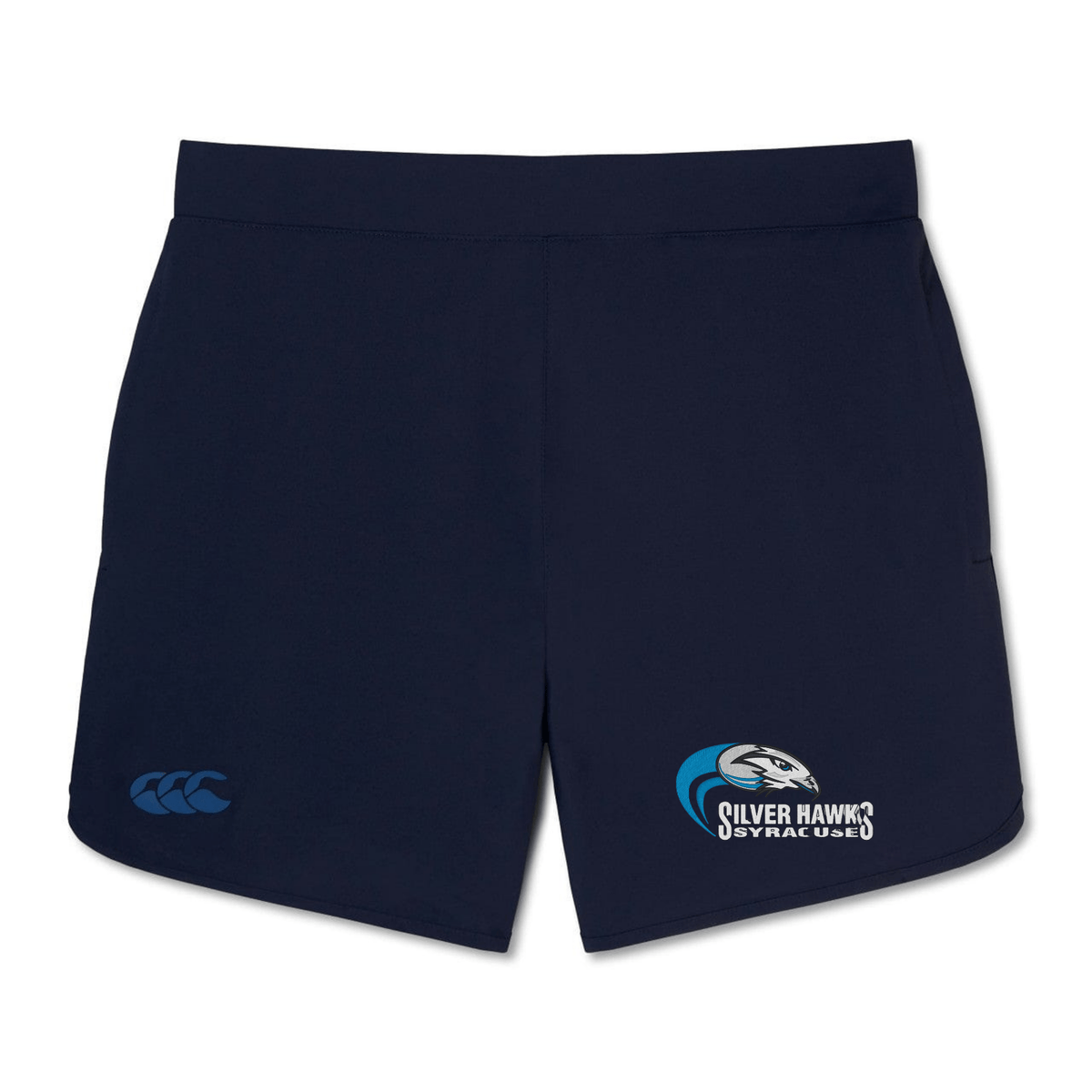 Navy blue Syracuse Silver Hawks Women's Elite Woven Short by Canterbury athletic shorts featuring a logo of a silver hawk with text "Silver Hawk" and "SYRACUSE 2021" on the right leg, zippered pockets for convenience, and a small EMB Canterbury logo on the left leg. Designed for lightweight comfort during any activity.