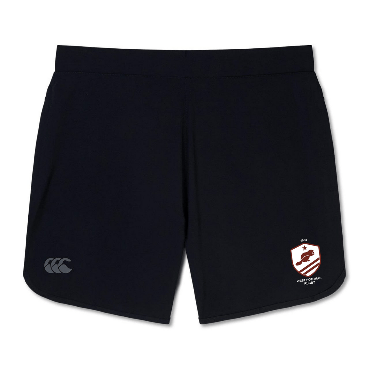 The West Potomac RFC Elite Woven Short by Canterbury features a small white Canterbury logo on the left leg, a red and white crest on the right, and zippered pockets—ideal EMB Canterbury gym shorts for training or workouts.