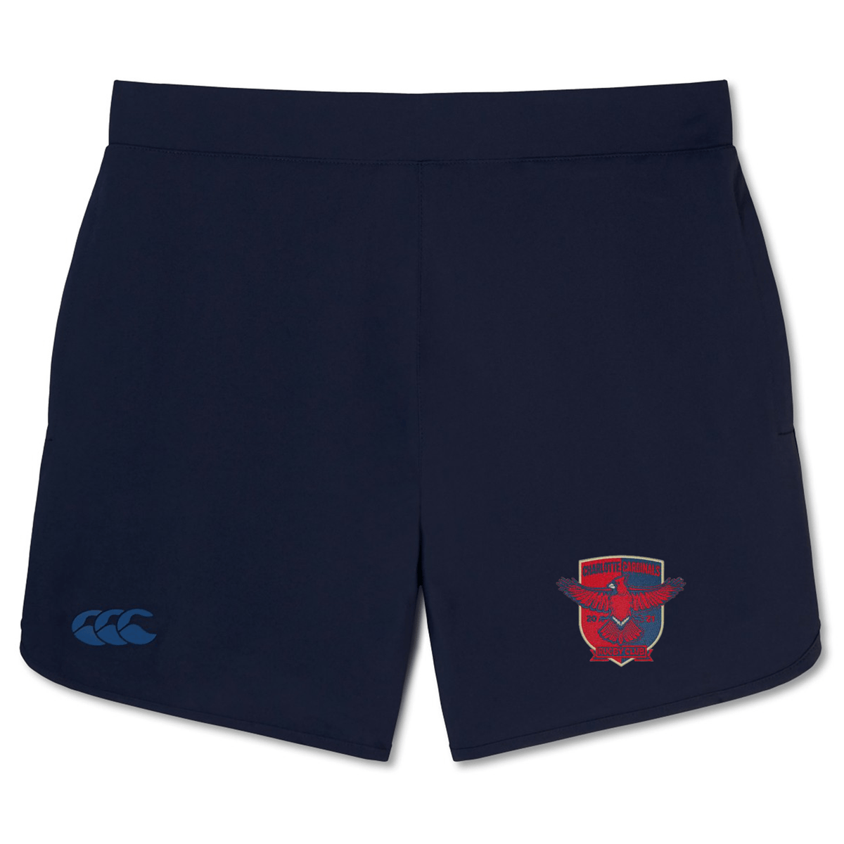 Navy blue Charlotte Cardinals Rugby Club Elite Woven Short by EMB Canterbury with an embroidered crest on the right leg and a logo on the left leg, designed to enhance your training experience.