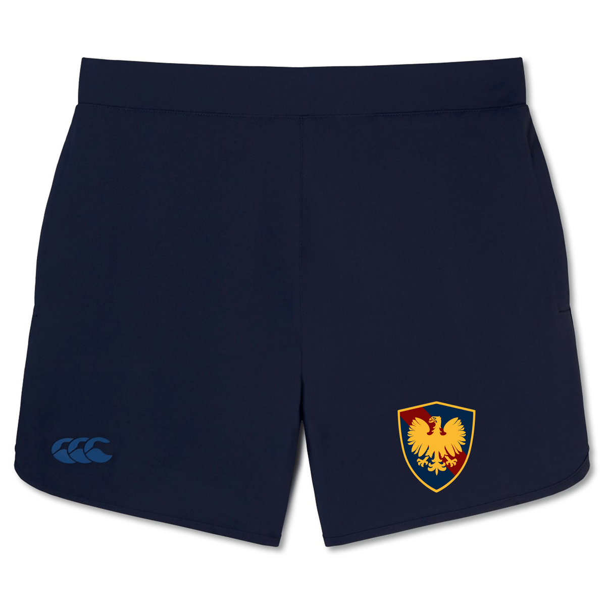Cincinnati Classical Academy Elite Woven Short by EMB Canterbury with a crest on the right thigh and a logo on the left hem.