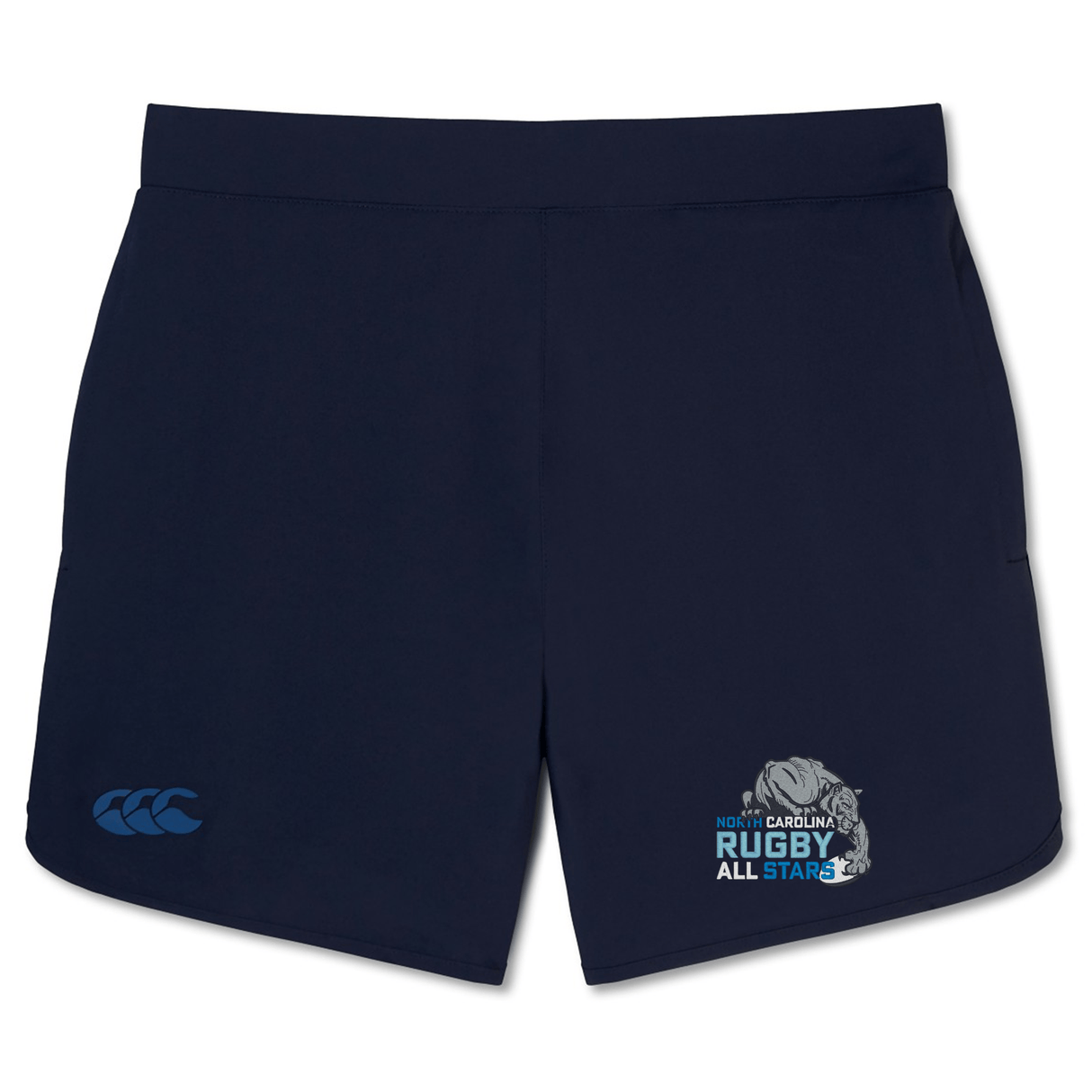 Navy blue NC All Stars Elite Woven gym shorts with zippered pockets, featuring a Canadian rugby all-stars logo on the right thigh and an EMB Canterbury logo on the left.