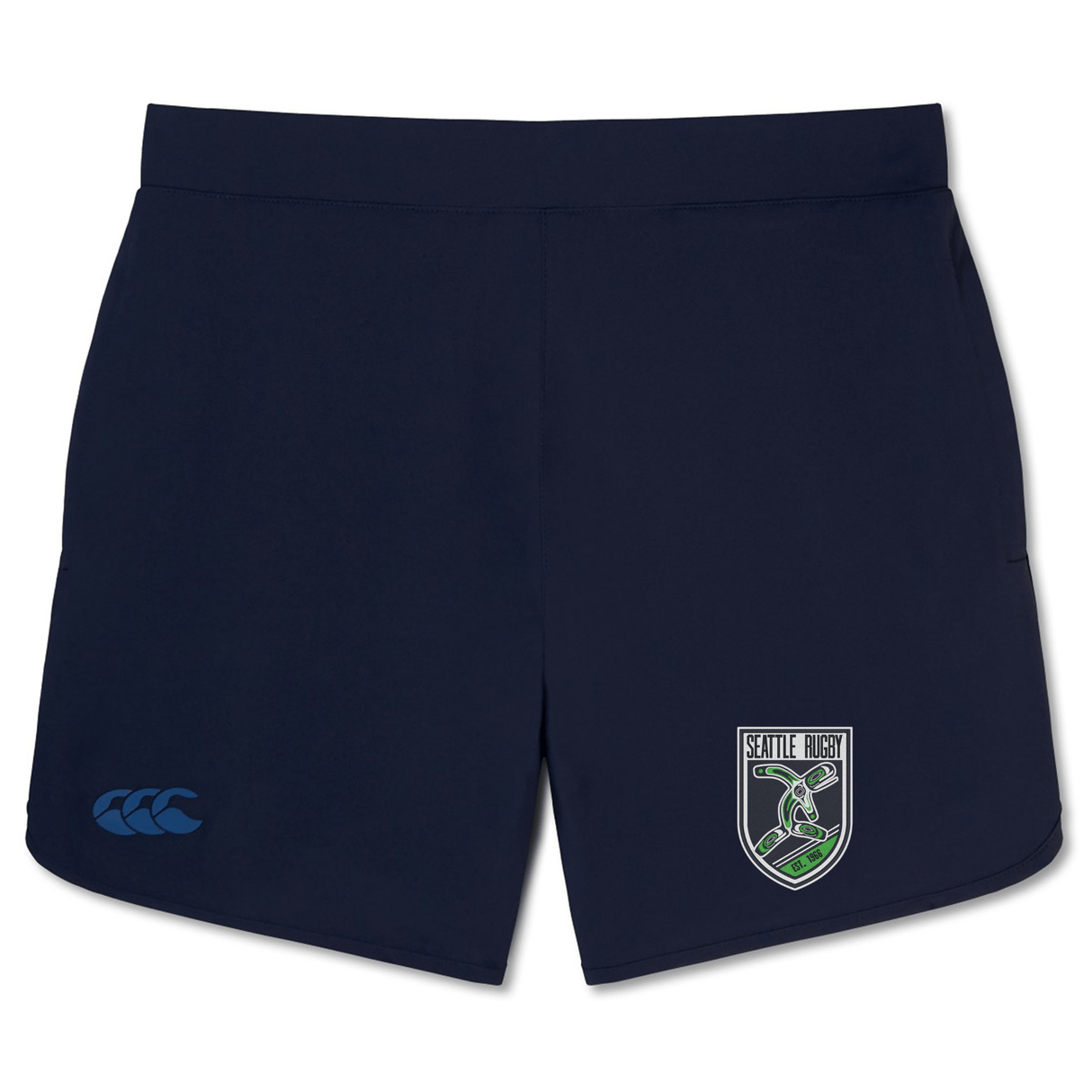 Navy blue athletic shorts with a Seattle rugby emblem on the right leg and a EMB Canterbury logo on the left leg.