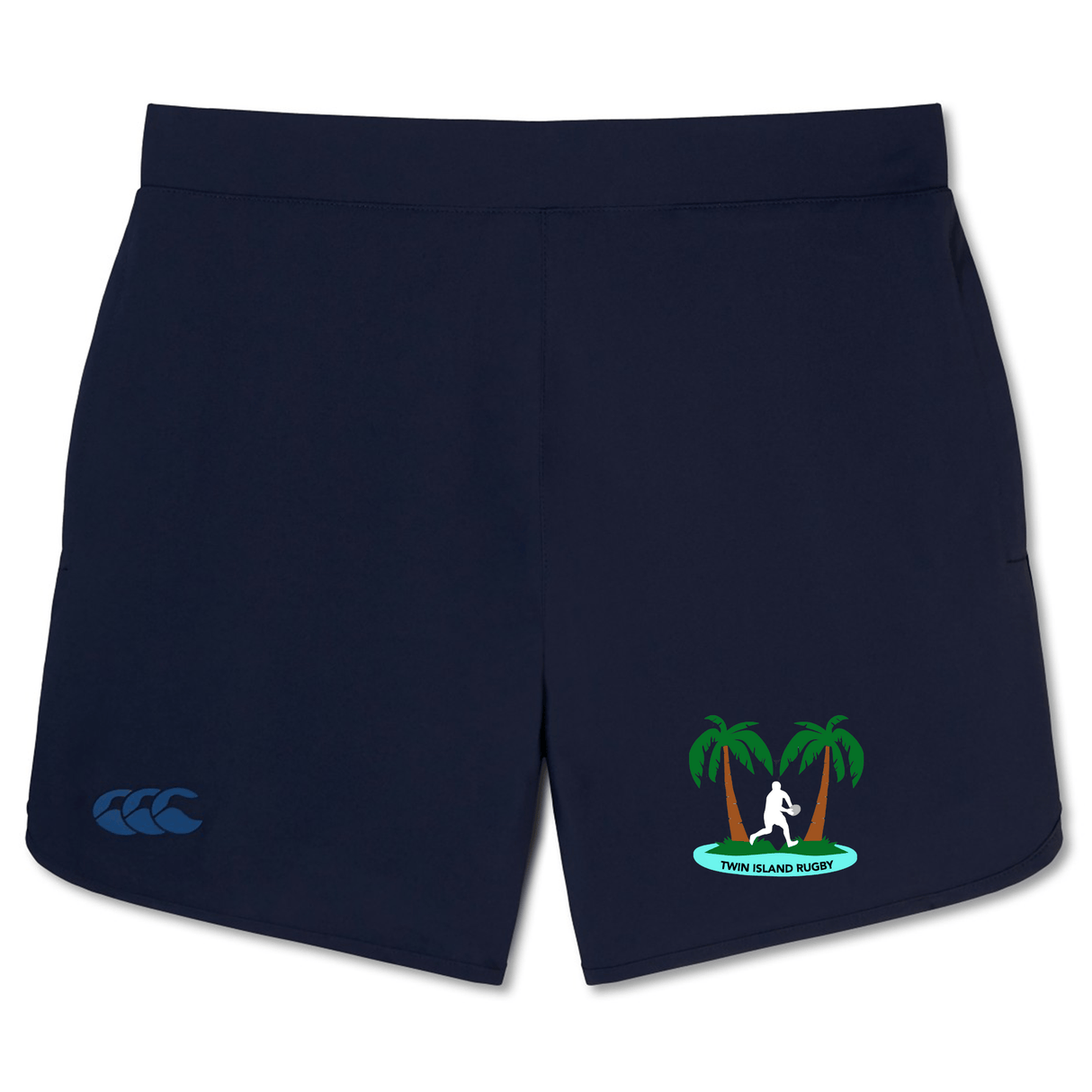 Navy blue Twin Island Rugby Elite Woven gym shorts by EMB Canterbury with a logo of palm trees and a surfer on the left leg and a wave icon on the right, featuring zippered pockets.