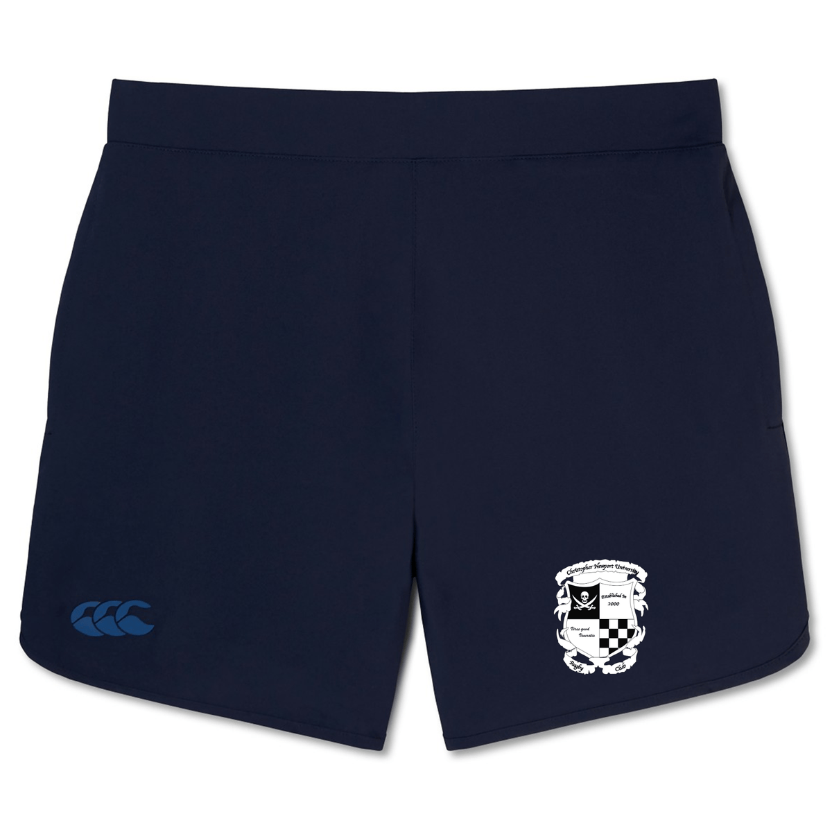 Navy blue EMB Canterbury Elite Woven gym shorts with a crest logo on the right hem, a stylized wave logo on the left, and zippered pockets.