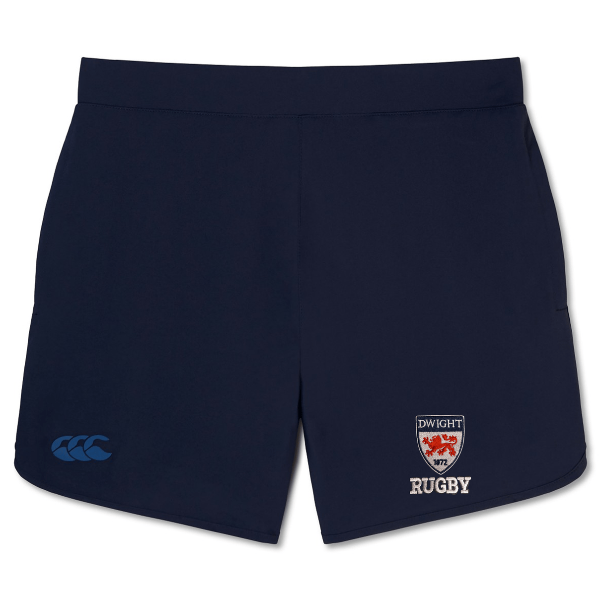 Navy blue rugby shorts with zippered pockets, a logo on the left hem, and an embroidered "Dwight Rugby" crest on the right leg by EMB Canterbury.