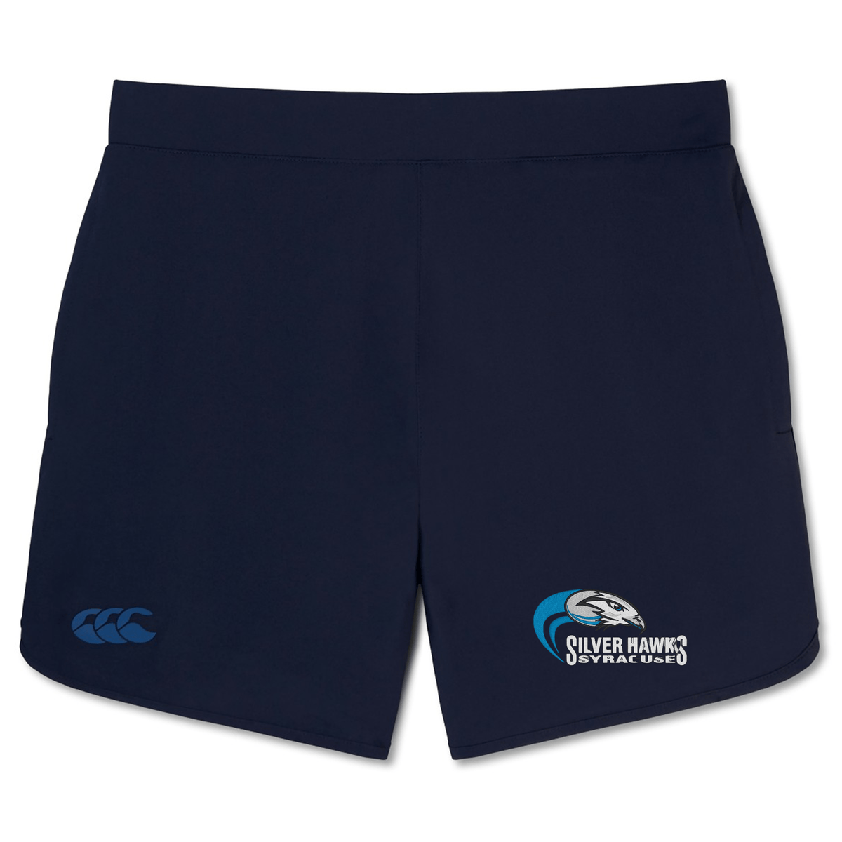 Navy blue Syracuse Silver Hawks Elite Woven Short by Canterbury featuring the logo of the Silver Hawks Syracuse, with the EMB Canterbury logo on the left leg. These shorts are designed for lightweight comfort and durability, complete with zippered pockets for added convenience.