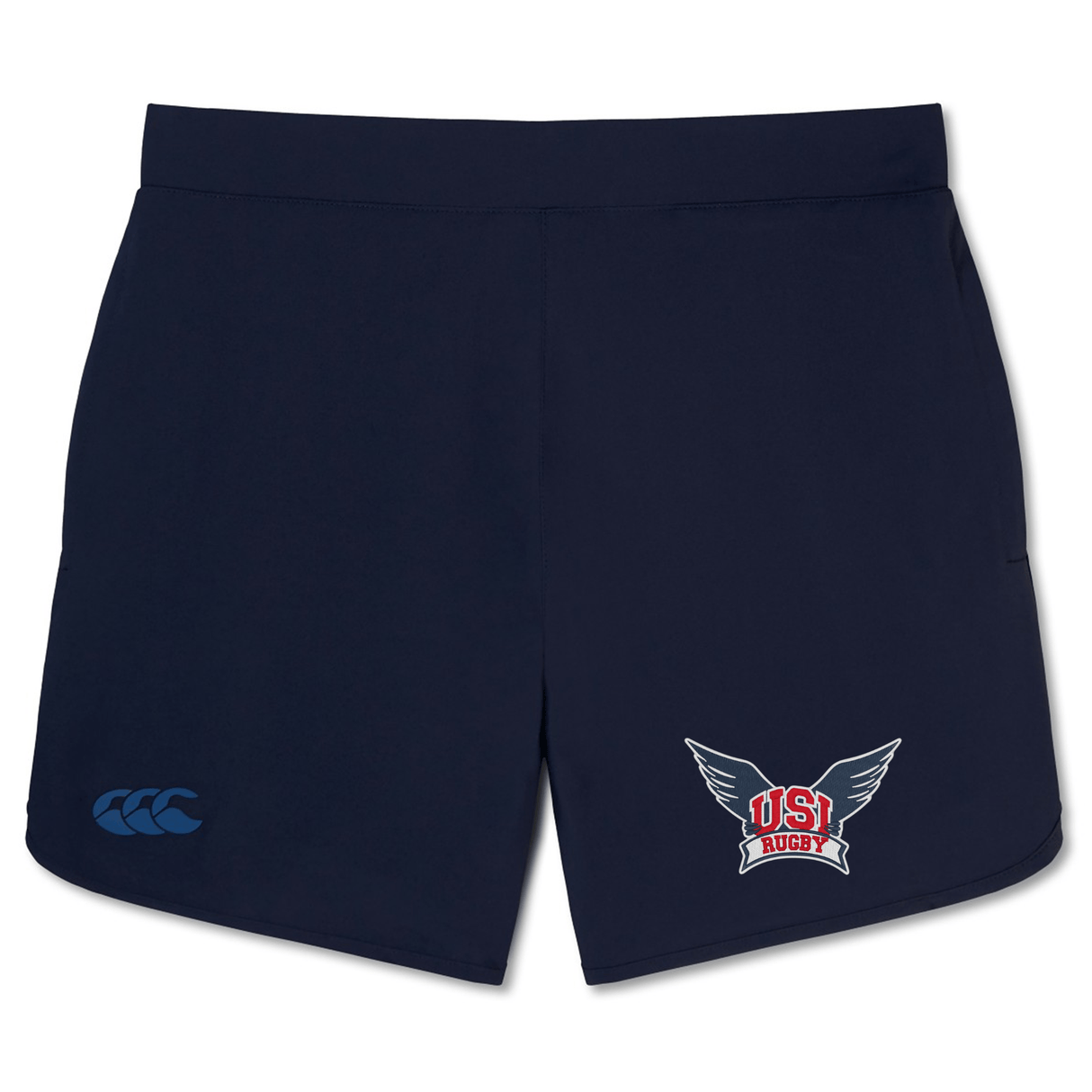 A pair of navy blue gym shorts featuring a "USA Rugby" logo with a winged design and another logo with three overlapping shapes, perfect for enhancing your training experience and offering exceptional flexibility: the University of Southern Indiana Elite Woven Short by Canterbury from EMB Canterbury.