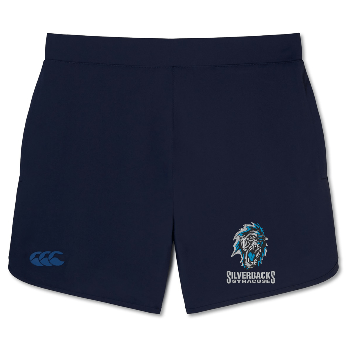 Navy blue Syracuse Silverbacks Elite Woven Short by Canterbury featuring a "Silverbacks Syracuse" logo and a graphic of a roaring gorilla on the left leg, with zipped pockets and a small EMB Canterbury logo of three overlapping shapes on the right leg, offering lightweight comfort and durability.