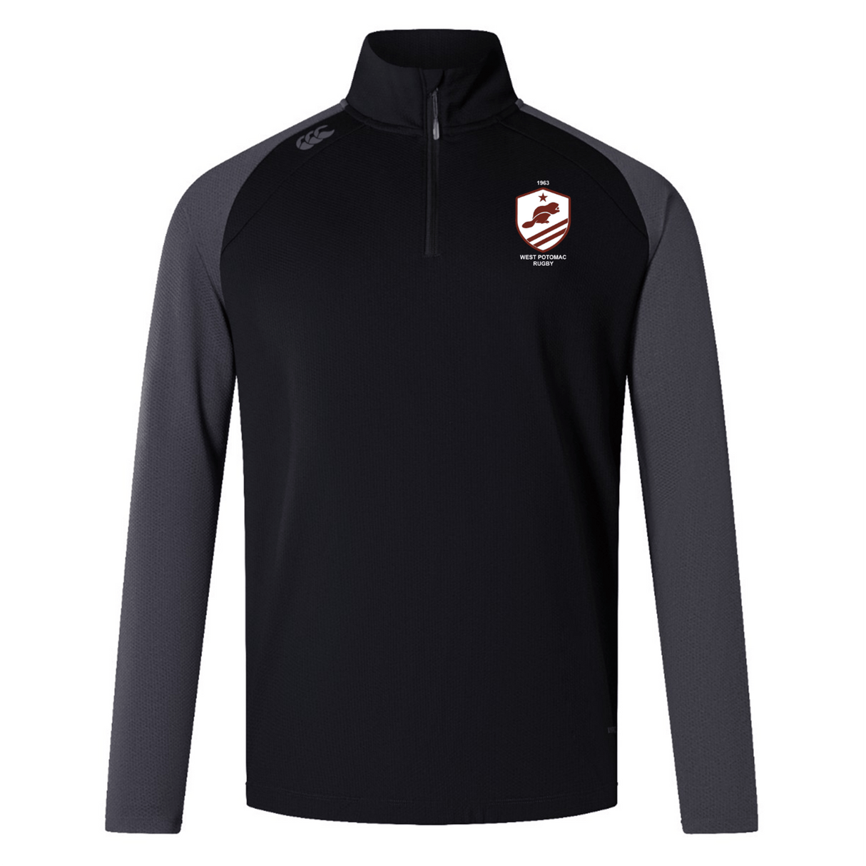 The West Potomac RFC Elite First Layer by EMB Canterbury is a black and gray long-sleeve rugby top with a chest logo patch, small shoulder brand logo, and moisture-wicking VapoDri technology.