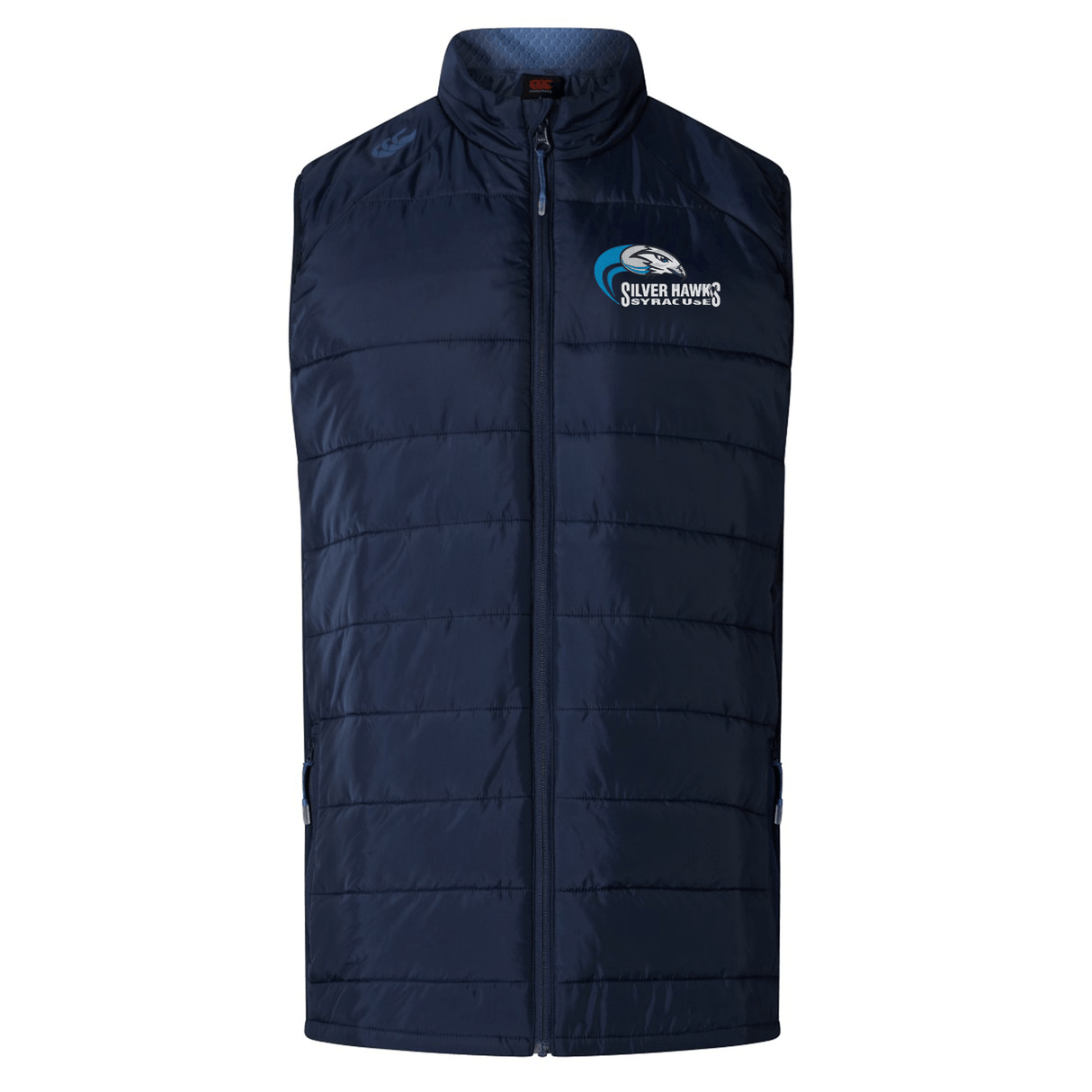 A navy blue puffer vest with a high collar and front zipper. The left chest area features a logo with the text "Silver Hawk Sky Racing" alongside an image of a bird. Inspired by the Syracuse Silver Hawks Elite Microlite Gilet by EMB Canterbury, this hybrid vest incorporates Thermoreg bonded fleece for added warmth and comfort.