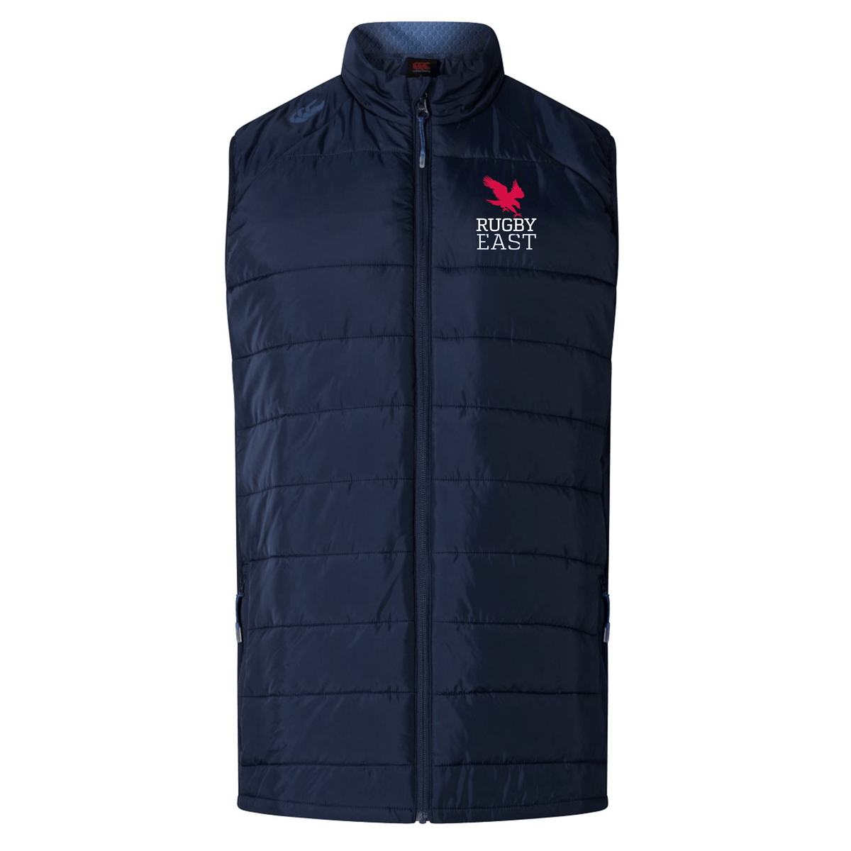 A navy blue Rugby East Conference Elite Microlite Gilet by Canterbury with a zipper front, featuring "Rugby East" in red on the left chest, enhanced with insulated baffles for extra warmth.