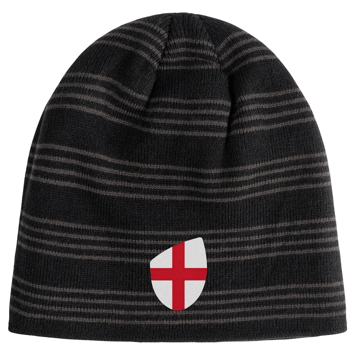 A black and gray striped beanie, with a red cross shield emblem, from EMB Canterbury's England Shield Beanie collection.