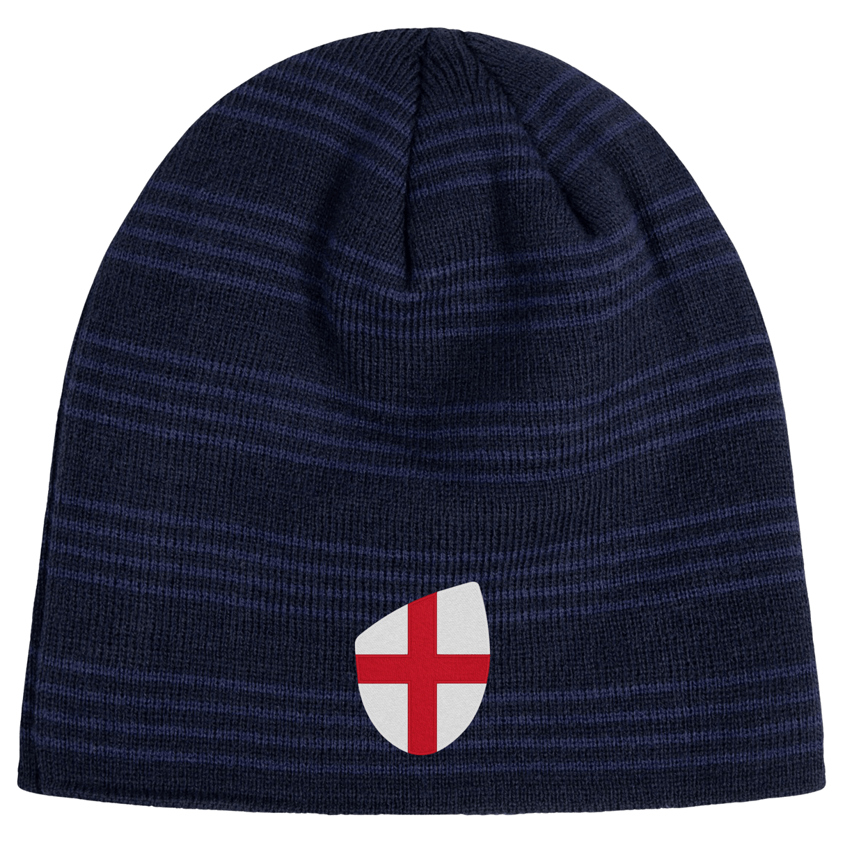 The England Shield Beanie by EMB Canterbury is a navy blue beanie with horizontal stripes, featuring an emblem of a red cross on a classic England shield.