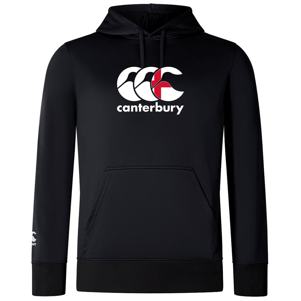 The Canterbury England CCC Club Lightweight Hoodie by WRS Canterbury is a durable polyester hoodie in black featuring a bold white and red logo on the front, with a drawstring hood and front pocket.