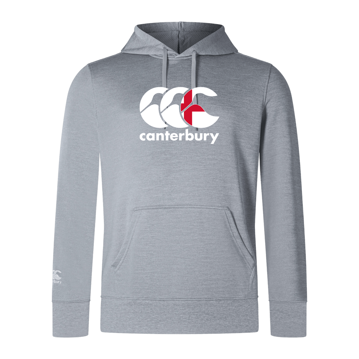 The WRS Canterbury England CCC Club Lightweight Hoodie is gray, made from polyester, with a kangaroo pocket and features the iconic Canterbury logo in white and red on the chest.