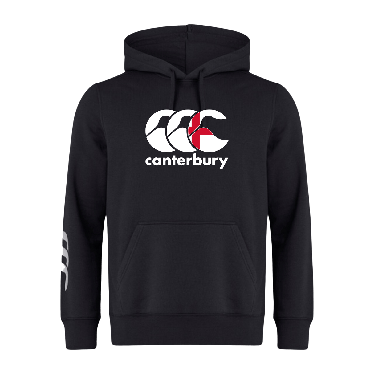 The Black Canterbury England CCC Flag Club Hoodie by WRS Canterbury features a large "canterbury" logo on the chest, a small CCC logo on the right sleeve, and is made from soft sweatshirt fleece for ultimate comfort.