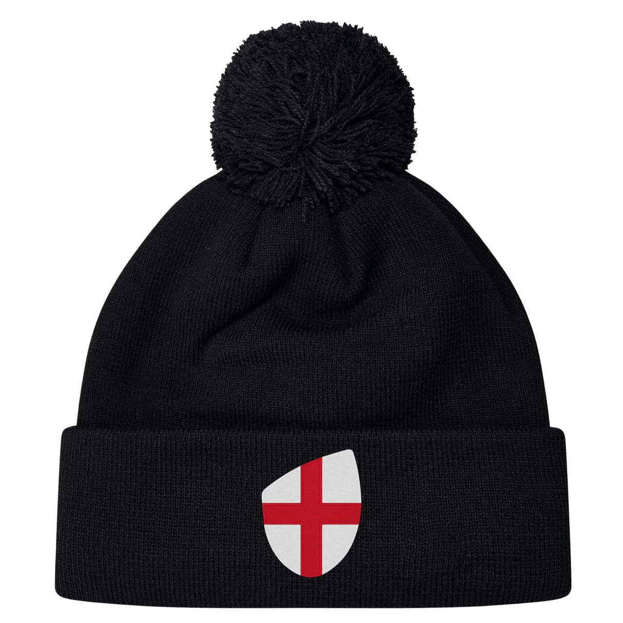 The EMB Canterbury England Shield Pom Pom Beanie features a black knit design with a playful pom-pom and an England flag patch on the front.