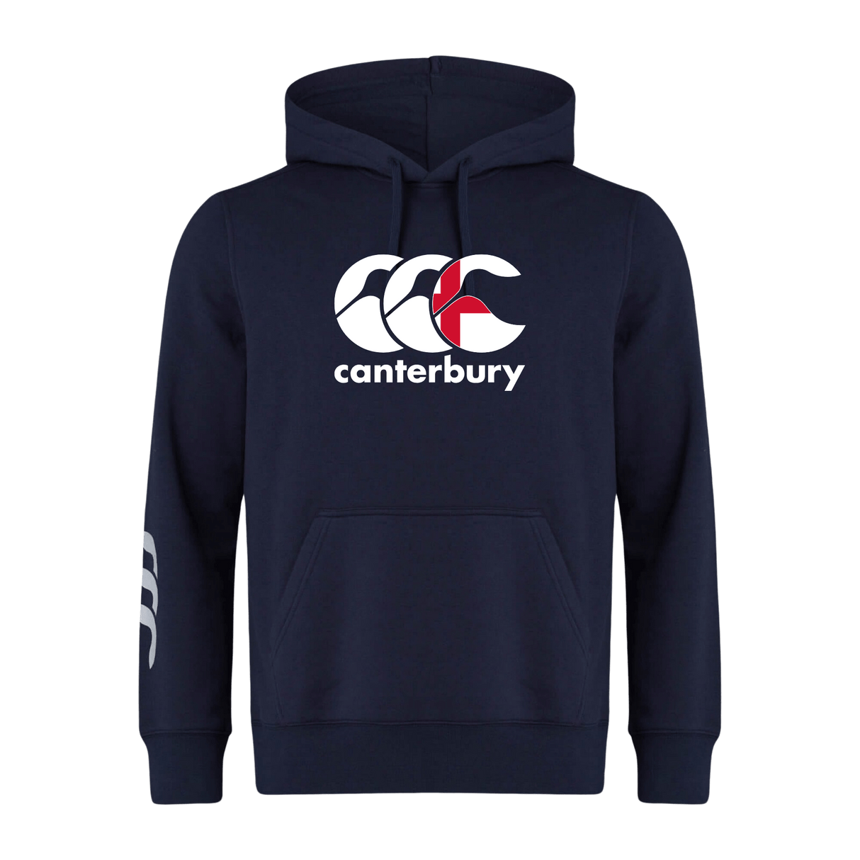 The Canterbury England CCC Flag Club Hoodie by WRS Canterbury is navy blue with a bold CCC logo on the front and a white design on the left sleeve, crafted from soft sweatshirt fleece for ultimate comfort.