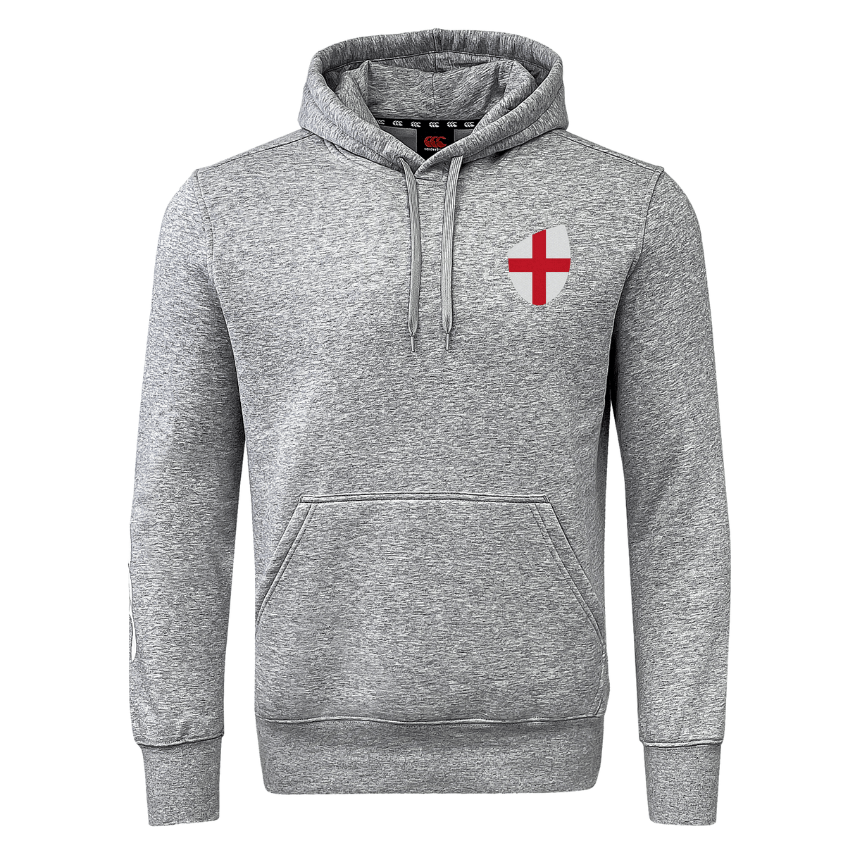 The England Shield Club Hoodie by EMB Canterbury is a gray club hoodie with a front pocket and drawstrings. It features a red and white cross emblem on the chest, crafted from cozy sweatshirt fleece, and highlights subtle Canterbury branding for a timeless look.